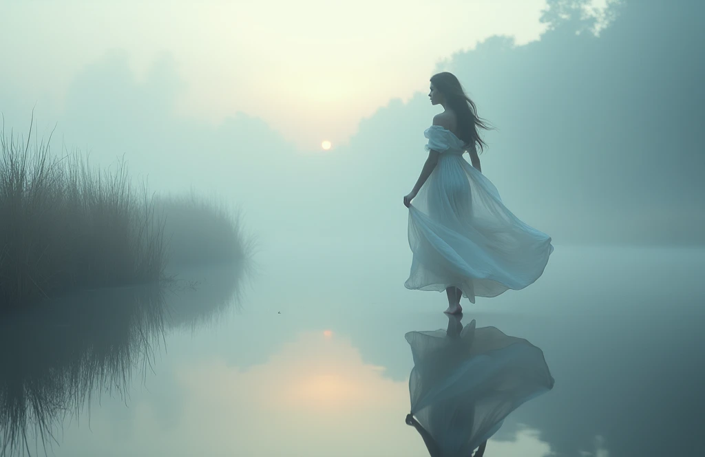 A woman in white walking along the edge of a foggy river at dawn, her reflection shimmering eerily.