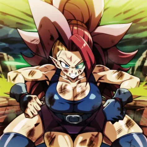 dbsuper style, 1
Girl, captain mizuki, green aura, super saiyans aura, belt, pointed ears, elf ears, Red colored hair, huge hair, bruise, bruise on face, clenched hands, frown, gloves, blue eyes, grey gloves, evil grin, medium breasts, Aura around her, sol...