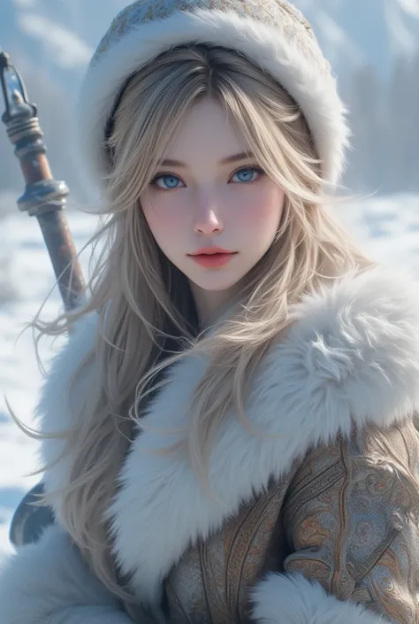 blonde beauty, half-updo, blue eyes, shuba, dubronka, wrapped in ushanka, cold weather, extremely cold land, ultra detailed, absolutely resolution, masterpiece