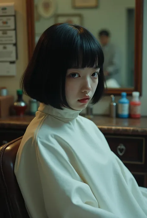  one girl,  black hair, bangs,  Bob Haircuts ,  Im wearing a white poncho for a haircut ,  sitting on a barber chair with her back stretched out,  inside an old Showa retro barber shop , Mental Silence , Transcendent Silence,  looking for something in an a...