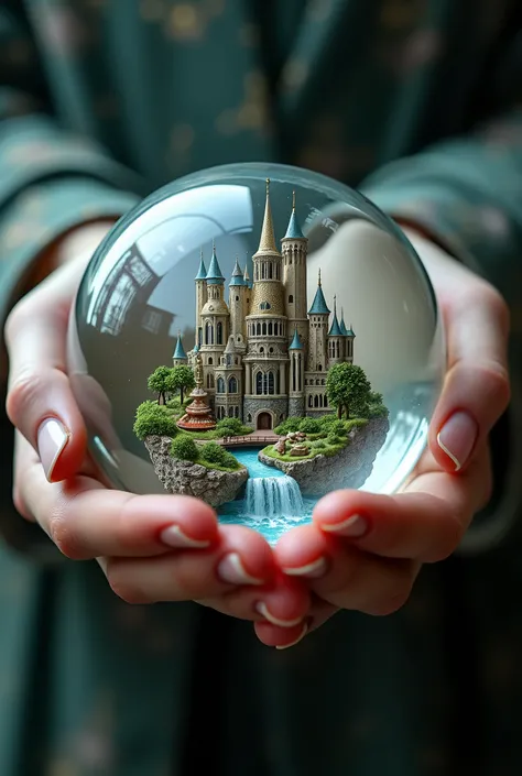 Close up portrait of two hands holding a round glass ball. Inside the glass ball is a detailed city, fantastic, wonderland, fantasy, award winning, masterpiece, aidmaMJ6.1