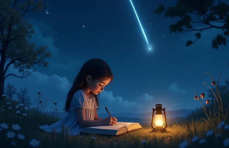 A young girl sitting under a starlit sky, writing in her diary, with a glowing shooting star in the background.