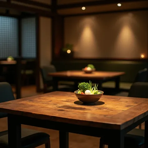 wooden tbale forground front top,a small bowl of vgitable placed on the corner of table end,in background blury dark theme japanese traditional restuarant