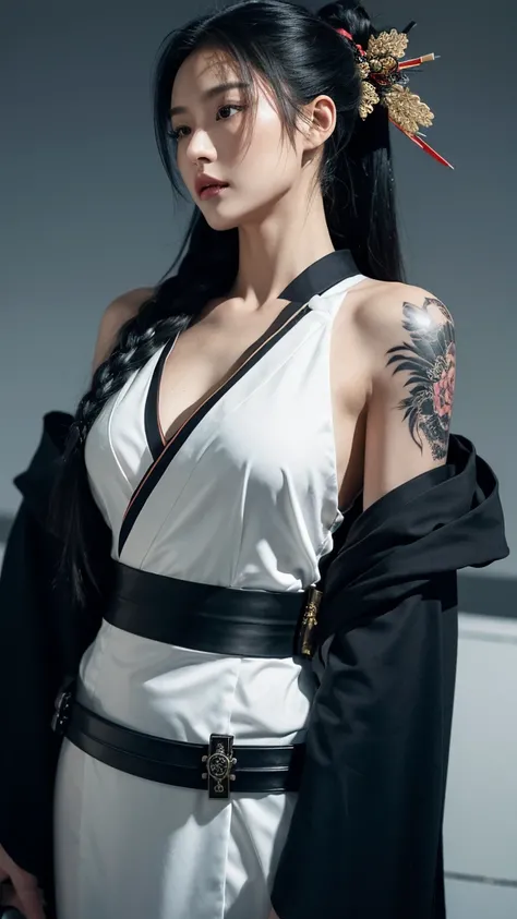 A hyper-realistic depiction of a fierce and elegant female warrior with long, flowing black hair tied back with a sleek ribbon. She is dressed in a modernized black samurai-inspired outfit, combining traditional elements like a short kimono and detailed ar...