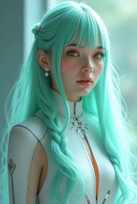 Young Faith of s, beautiful with light turquoise straight hair with small braids and light orange eyes, He wears a futuristic suit.