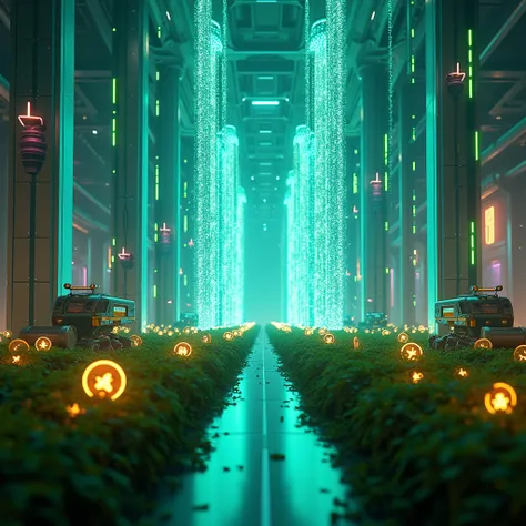 A futuristic farming scene where unused bandwidth is visualized as glowing streams of light being harvested into digital tokens. The setting includes a sleek, high-tech aesthetic with vibrant neon colors like green, cyan, and violet. Tokens are represented...