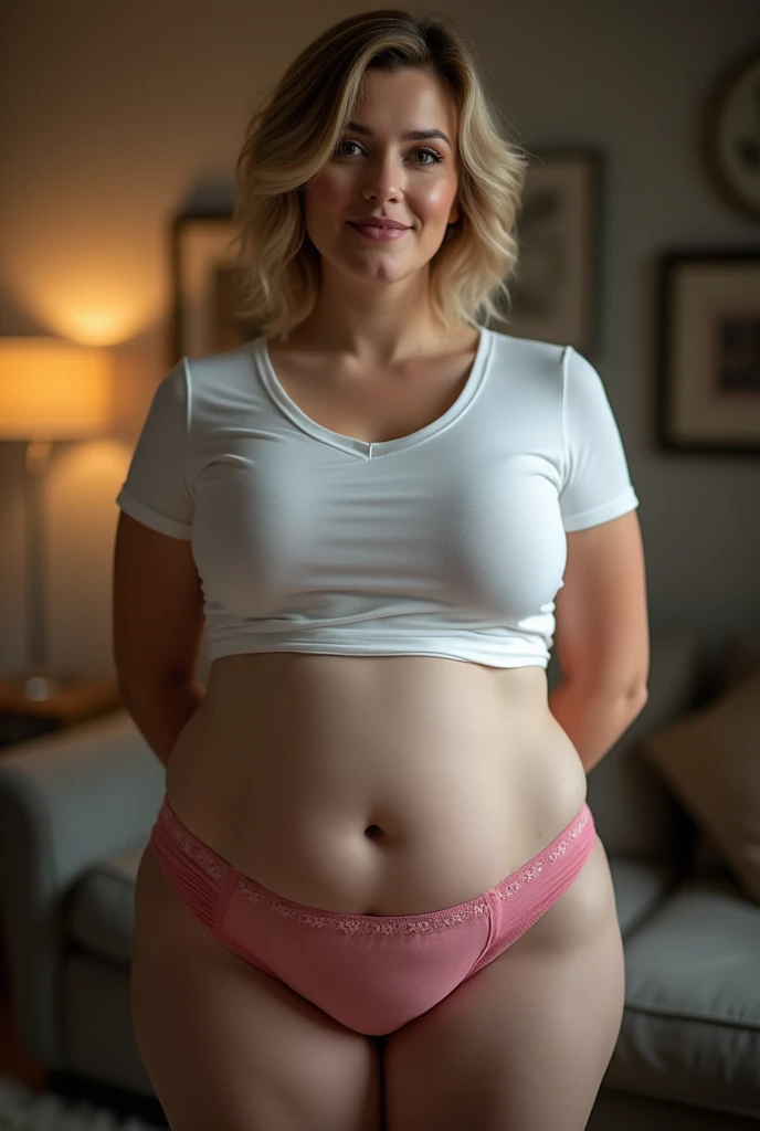 Amateur photo, bokeh. Dramatic low angle looking up at subject as she stands looming over the viewer, her panties prominent in the shot. A beautiful caucasian woman, (curvy:1.3), smile lines, 49 years old, short dark blonde hair, (wide hips:1.4), large dar...