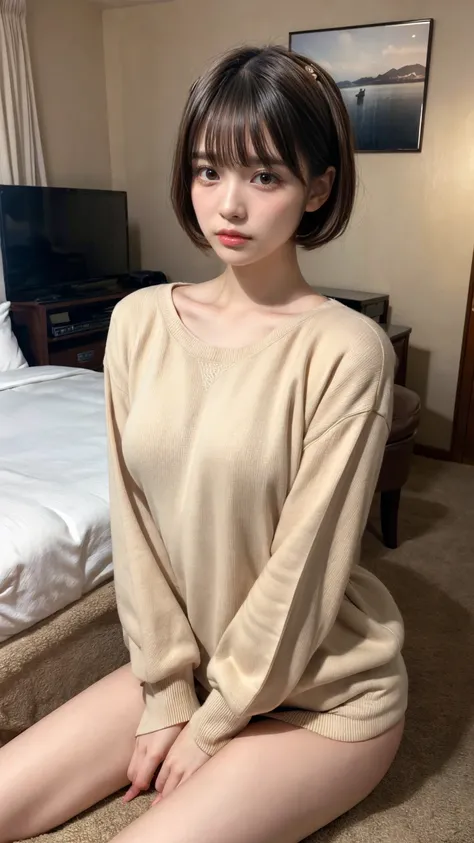 masterpiece, best quality, illustration, Super detailed, fine details, High resolution, 8K,wall paper, perfect dynamic composition,(Details High quality, realistic depiction of eyes:1.3), (Fashionable、Beige oversized sweatshirt、long-sleeve), large breasts,...