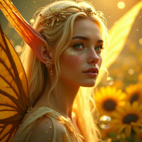 ((masterpiece)). This artwork is dreamy and ethereal fairy man with elf ears,buuterfly shaped golden  earings, with soft golden hues. Generate a  male fairy exploring a golden world with a wide variety of golden shades. His face is extremely detailed and r...