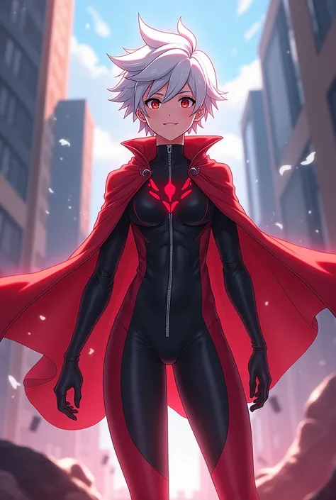 Hero mha , anime, adolescent,  white hair, red and black suit, crimson eyes, confident smile 