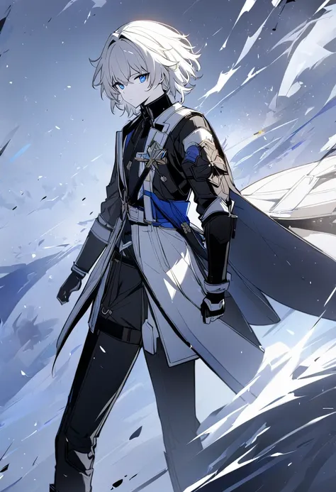 8K, Best Quality, 1boy, YoRHa, diligent, white hair, blue eyes, white skin, long black coat, black pants, black boots, beautiful, 4K. Honkai Star Rail, Full body view, looking at the viewer,