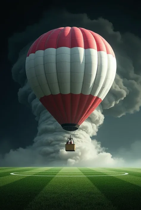 White and red hot air balloon with a tornado,  black background , on a soccer field
