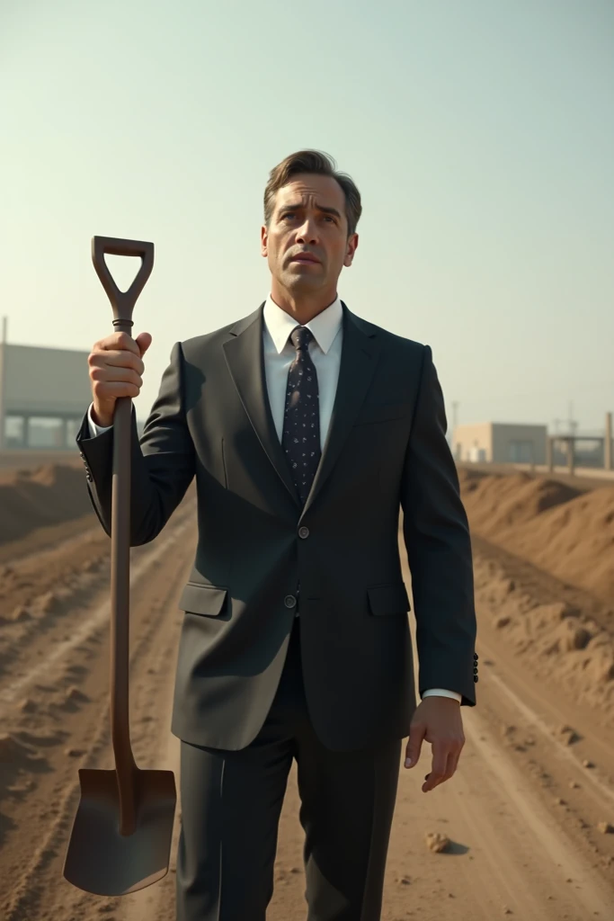 A well-dressed man, 35-year-old mayor confused with a shovel in his hand,  in front of an empty field or an unfinished work.