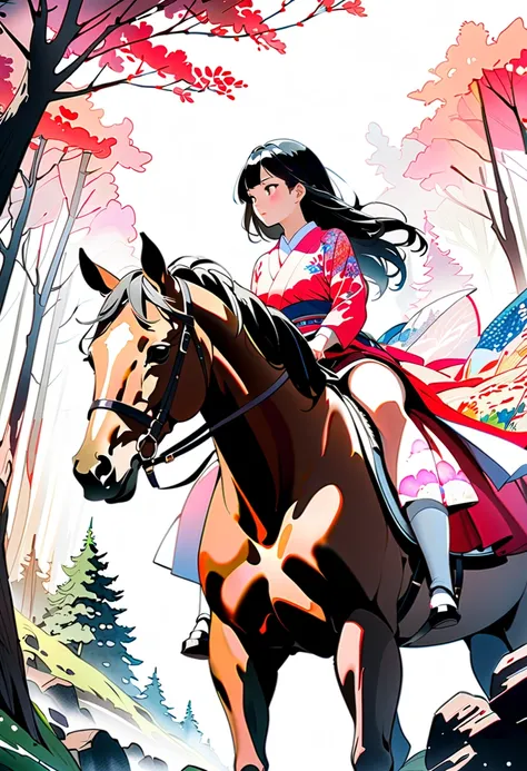 (masterpiece, best quality),(double exposure:1.2), watercolor print depicting,(solo girl riding back on a horse,japanese beauty, black hair,fantastic woods),she is surrounded by trees and branches symbols, collage art, contemporary art,