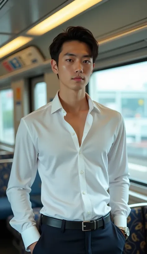 (photorealism:1.2), Handsome japanese man, 22-27 year-old, Model,    wear a tailored shiny white formal shirt , Top button down loose ,  Unbutton your shirt, in the train, standing, JR in Japan