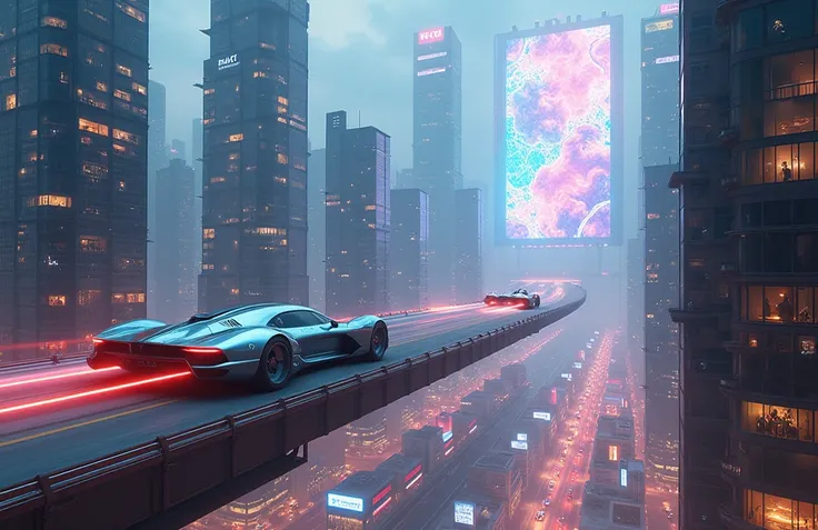 futuristic city with flying cars, tall skyscrapers, and a glowing holographic billboard.