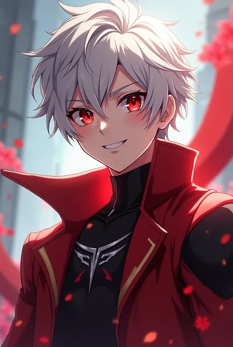 Hero mha , anime, adolescent,  white hair, red and black suit, crimson eyes, confident smile,strong boy,