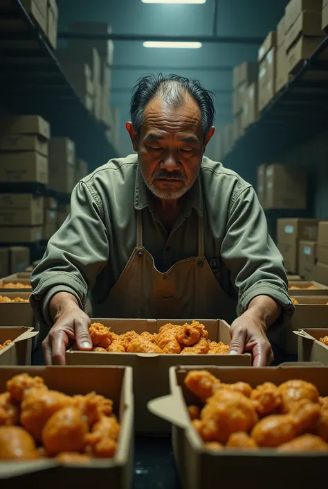 Dark black Chinese working in a factory where he has to put fried chickens in boxes