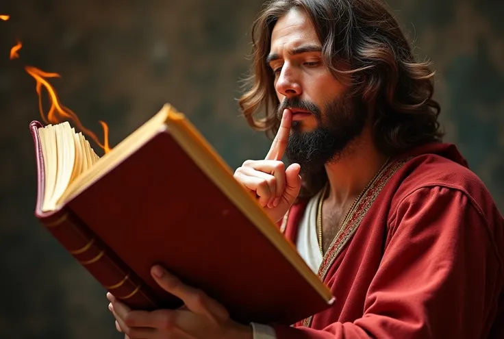  You can generate a high resolution image that shows Jesus holding a large and robust Bible with reddish leaf-shaped pages?  Jesus is tearing the pages of the Bible and has a finger in his mouth , as if it were signaling silence .  The image should feature...