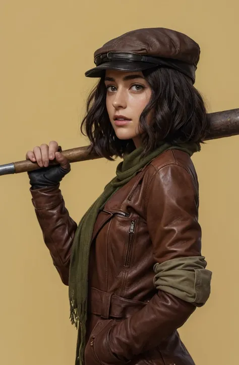 A character portrayed by a young Lizzy Caplan has a determined and confident expression, with short, dark wavy hair peeking out from under a newsboy-style cap labeled "PRESS." She is dressed in a red leather jacket with rolled-up sleeves, and a green scarf...