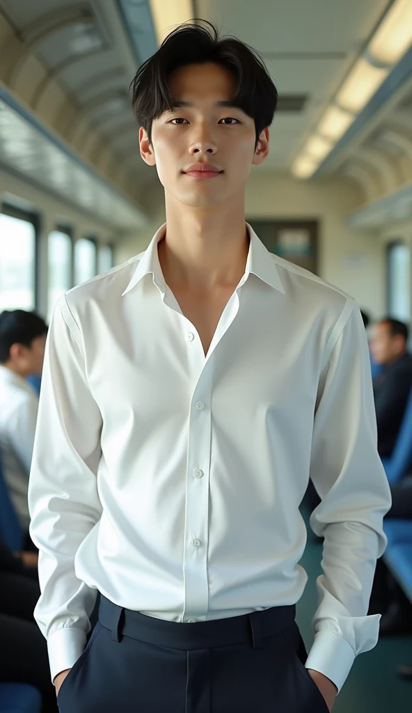 (photorealism:1.2), Handsome japanese man, 22-27 year-old, Model,    wear a tailored shiny white formal shirt , Top button down loose ,  Unbutton your shirt, in the train, standing, JR in Japan, happy