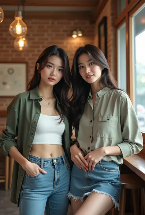 Full body photo of 2 beautiful Korean girls again in cafe sitting wearing jeans shirt shirt and the other one wearing a Mandang miniskirt to the camera