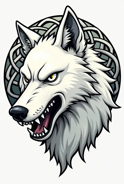 tattoo,  head of a white wolf turned 90 degrees to the right, detailed, The very angry wolf ,Celtic symbols on the background of the image, cartoonish .