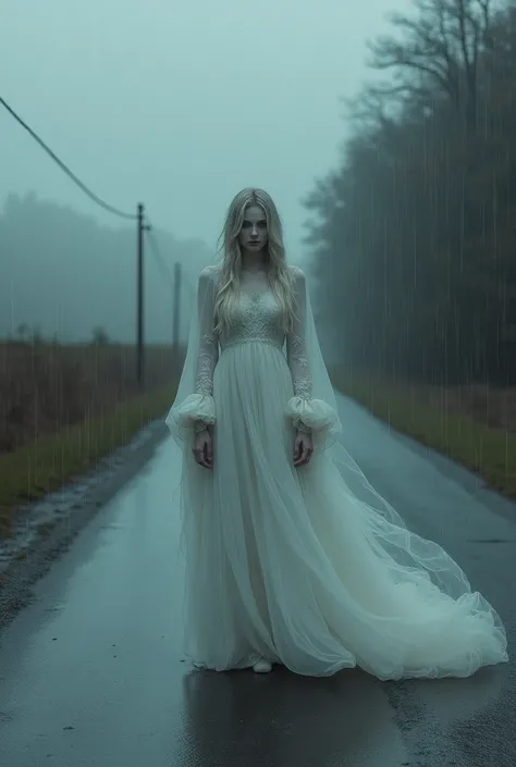 Ghost woman standing on the road dressed in white and raining