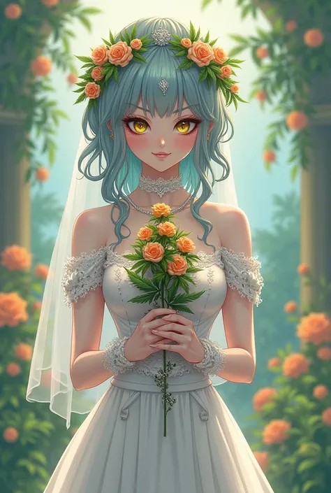  Alien waifu girl in wedding dress holding a bouquet of marijuana flowers, smoking marijuana sensually in the 90s anime style 