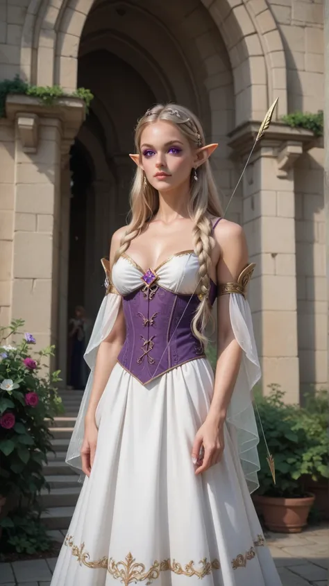 An elf with pointed ears and long blond hair with violet eyes with fine royal clothing in her hand, bow and arrow athletic body in the background a castle in the middle of nature.