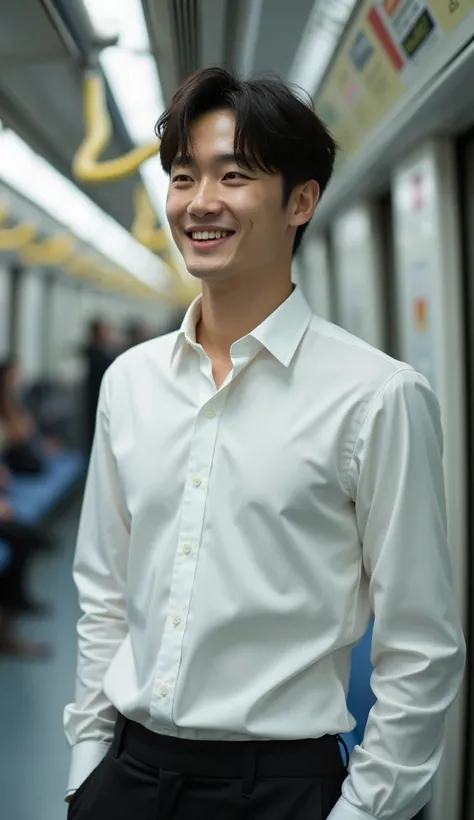 (photorealism:1.2), Handsome japanese man, 22-27 year-old, Model,    wear a tailored shiny white formal shirt , suit jacket, Top button down loose ,  Unbutton your shirt, in the train, standing, JR in Japan, smile