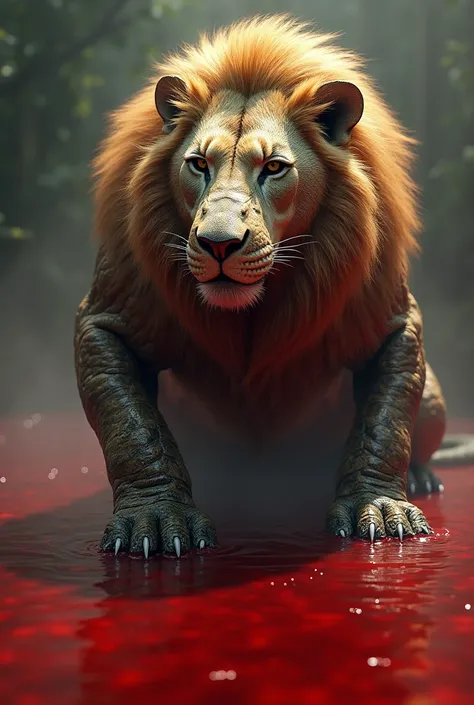  Create a fusion of a crocodile and a lion, lion paws, lion&#39;s mane, Crocodile syrup in a red pond 