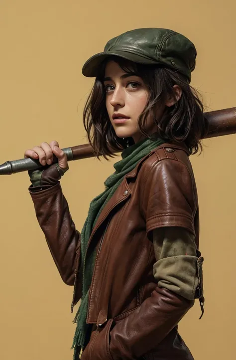 A character portrayed by a young Lizzy Caplan has a determined and confident expression, with short, dark wavy hair peeking out from under a newsboy-style cap labeled "PRESS." She is dressed in a red leather jacket with rolled-up sleeves, and a green scarf...