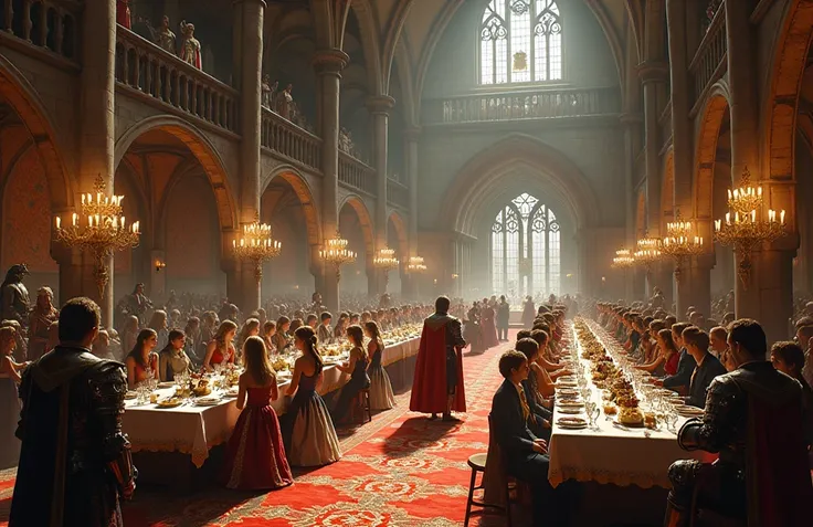 A grand feast in a medieval castles banquet hall, with knights, nobles, and magical creatures celebrating.