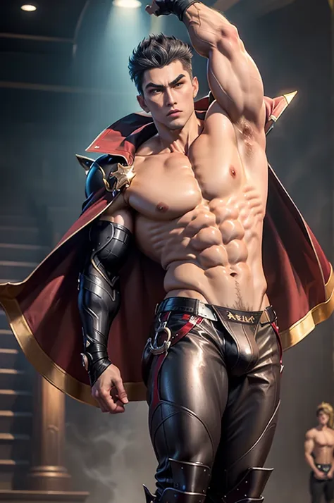 Eddie Peng，Complex，masterpiece， BEST QUALITY， ultra HD resolution， octagonal lens，Center the character，Tensions，Wearing a cape，Topless，Show your thighs and arms，Place your hands on your thighs， is open to the audience，Oval face，Short, Spiky Hair，Young and ...