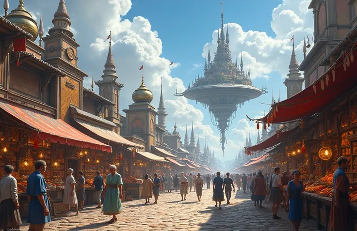 A marketplace in a floating city above the clouds, with vibrant stalls and colorful, exotic wares.