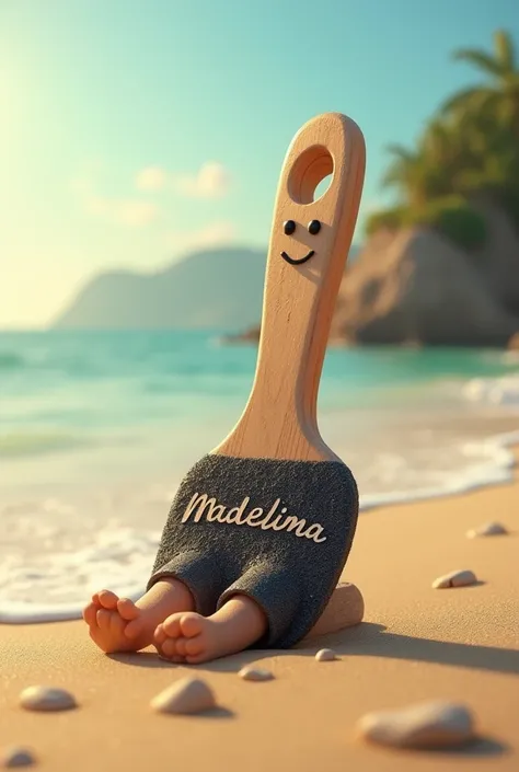  Wooden foot spatula with black sandpaper with the name Madelima visible lying on a beach in the summer sunbathing, Put a face and legs crossed  