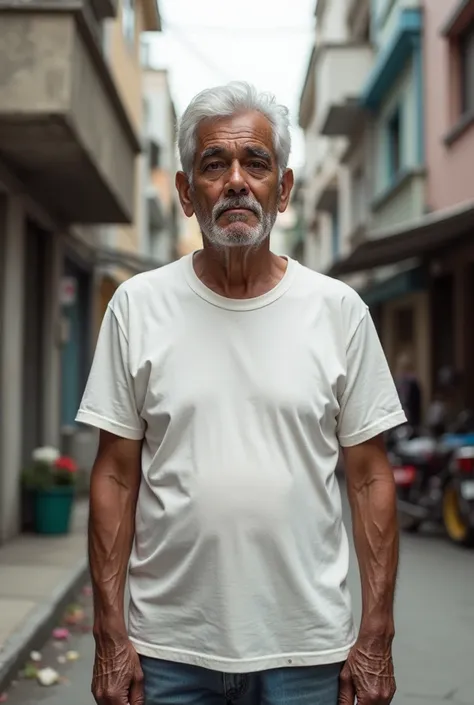  Older adult with Latino traits in an urban environment.  full body, wearing white t-shirt without inscriptions 
