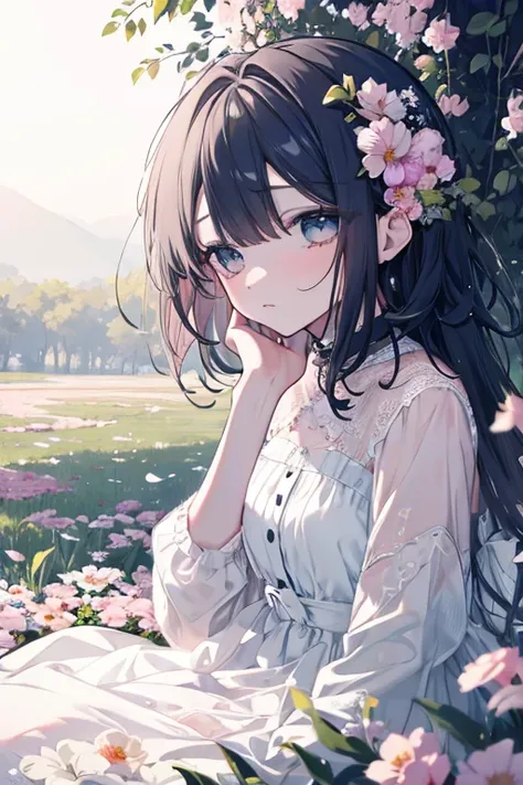 a melancholy girl, beautiful detailed eyes, beautiful detailed lips, extremely detailed face, longeyelashes, sad expression, introspective, wearing a white dress, sitting alone in a field of flowers, soft natural lighting, muted color palette, impressionis...