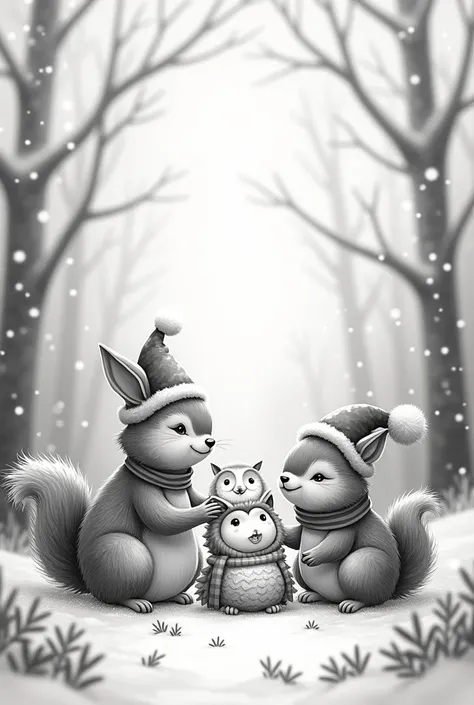 Cute animals at black and white Christmas 