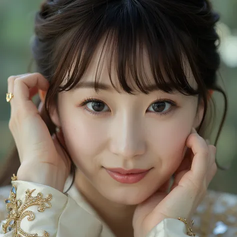 Close up portrait.A mesmerizingly enchanting beautiful East-Asian woman with bangs, gazes out, with eyes that seem to draw you in. she is joyfully smiling. This composite photograph captures a surreal blend of fantasy and reality. She is adorned in luxurio...