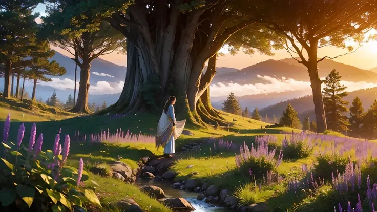 Masterpiece of anime artistry, 8K Ultra HD Anime-Style Wallpaper Description: A winding trail through rolling hills, vibrant wildflowers in earthy tones, leading into an ancient, mystical forest. At the heart of the forest, a colossal tree with sprawling r...