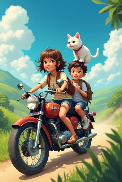 A girl, a motorbike, A boy and a white cat