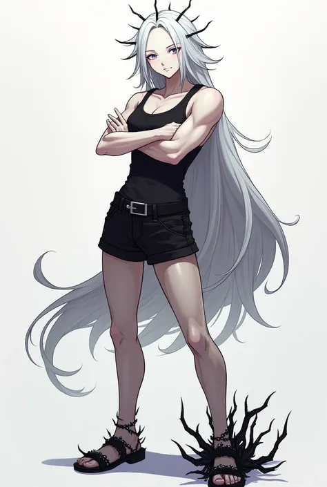  Create a faceless white-haired character ,  with phonk glasses with thorns on her head ,  dressed in a black shirt  ,  with arms crossed standing ,  with a part of her foot with chains of thorns , Make her sexy and bulky  , Do it in HD anime style , Take ...