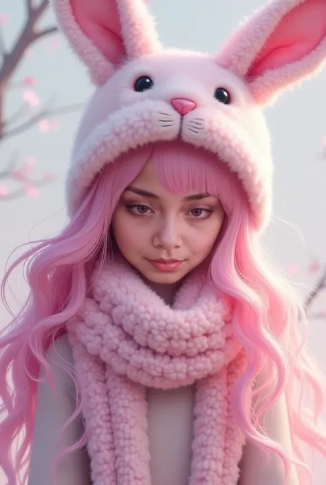 Pink long hair , white skin , purple eyes , pink bunny hat , pink scaft