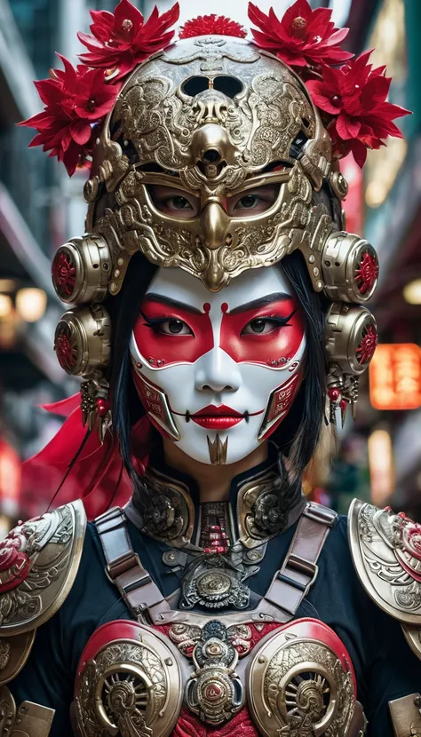 A fierce army, led by a beautiful Asian female warrior of Thai-Japanese-Korean blood, wearing high-end makeup, wearing a skull mask, her face partially covered by a military helmet. Her eyes are full of power and desire. They wear mechanical robot armor, c...