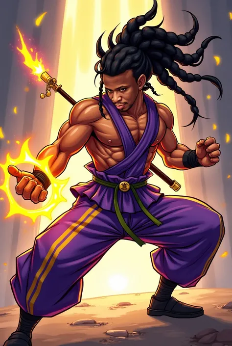 (Best quality ever) A humanoid male character, he is muscular and wears bright purple and yellow stripes, Japanese fighting training clothes, he wears black ninja shows, his skin is carmel brown, he has bright yellow eyes with the illuminati symbol in each...