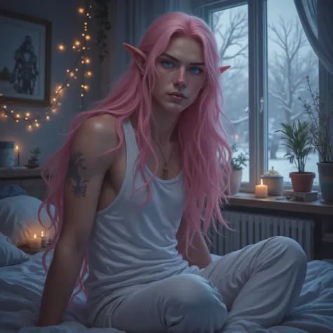 An elven MAN with very long bubblegum pink hair, pointed elf ears, and blue eyes, he sits on a bed, he wears a simple white tank top and pajama pants. It is winter outside as seen through a nearby window. The setting is his bedroom adorned with various pla...