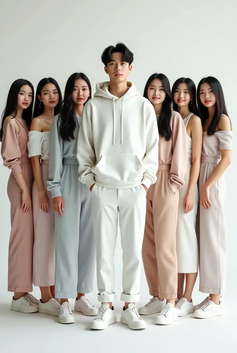 7 Beautiful Korean Girls 
One handsome Korean man in the middle 
wear a white hoodie 
Celanaa white jeans 
Wearing sports shoes 
Standing in the way 
