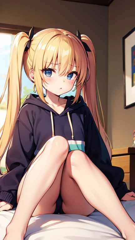  A small-breasted girl relaxing in her room completely naked and wearing a baggy hoodie、Blonde、 twin tails、Prone、Looking away、Cheeky face、